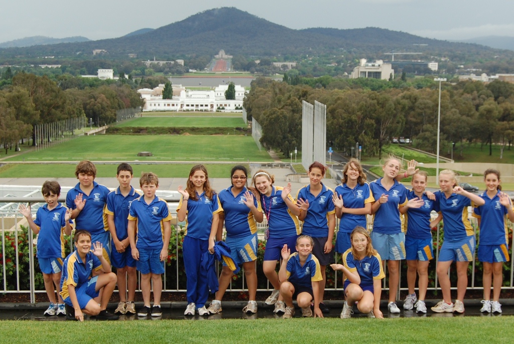 Group of Year 6 students in front of Parliament House in Canberra