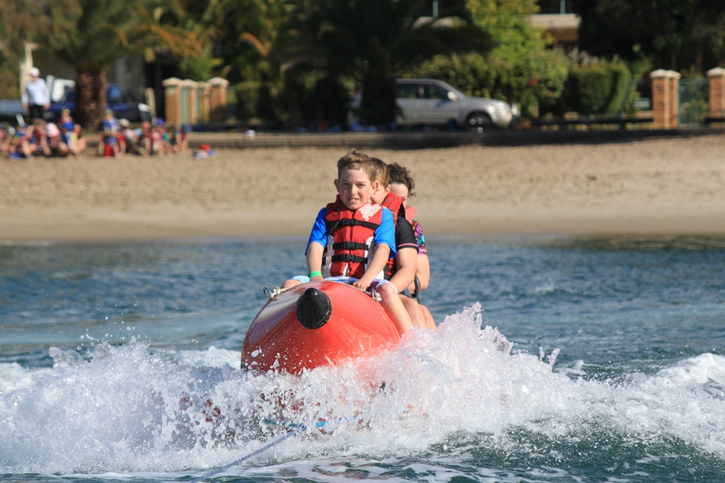 Year 5 students on banana ride at Tallebudgera school camp